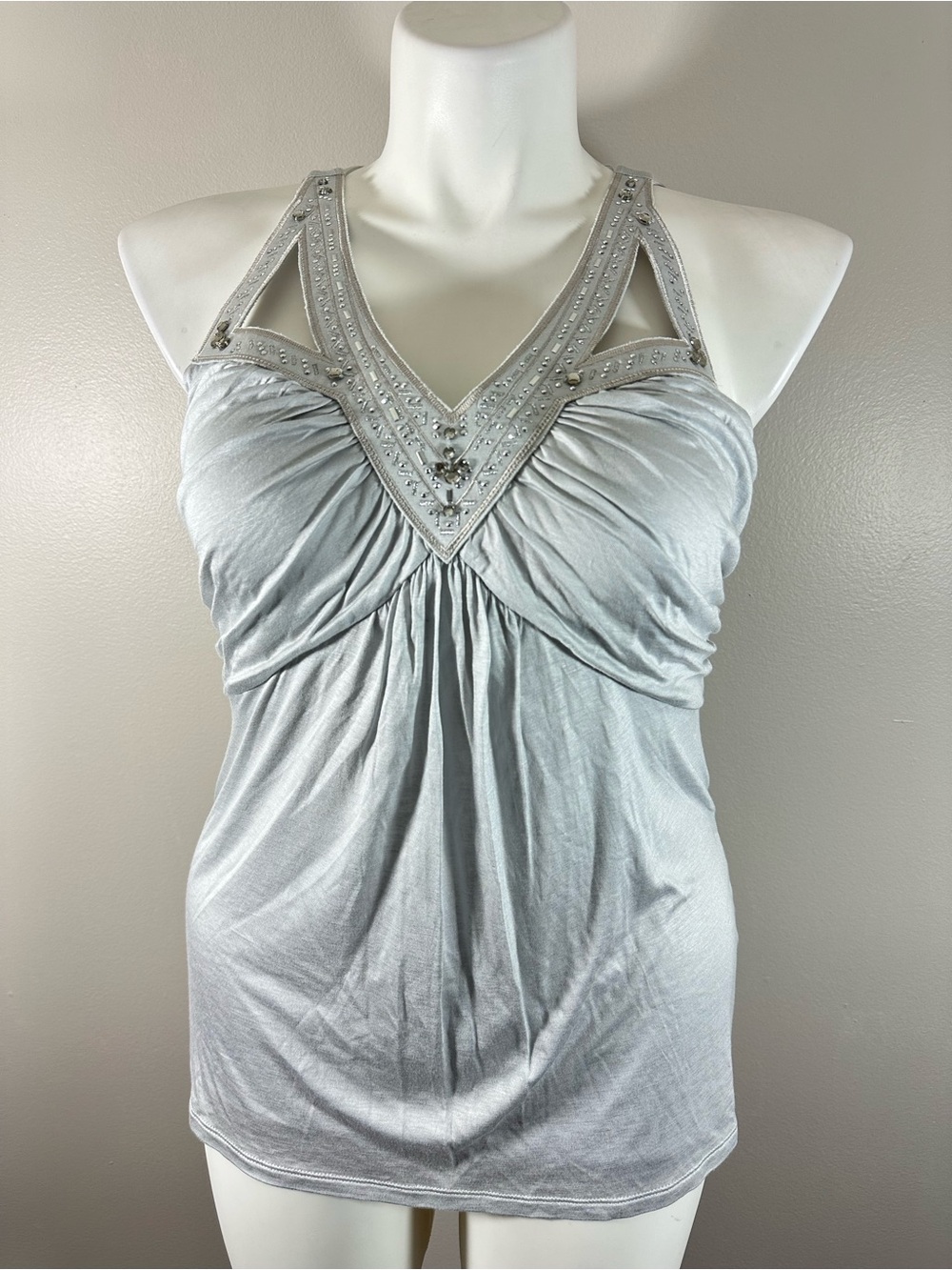 WHBM Women's Light Gray Embellished Neckline Tank Tops Sz L Beaded Party Blouse